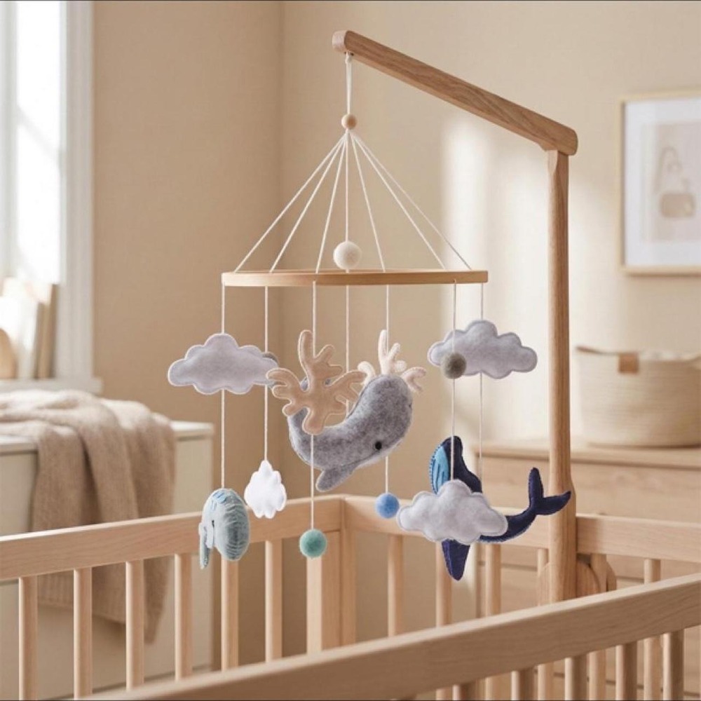Blue White Whale Baby Crib Mobile with Clouds and Deer Felt Nursery Decor